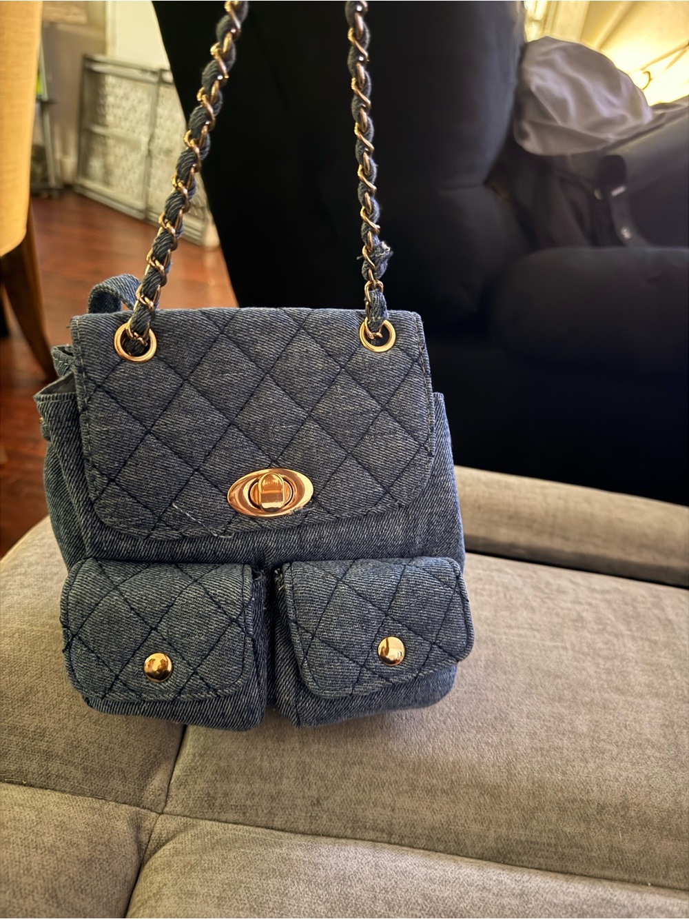 Forever 21 Quilted Denim Mini Shoulder Bag in Blue with Gold Hardware